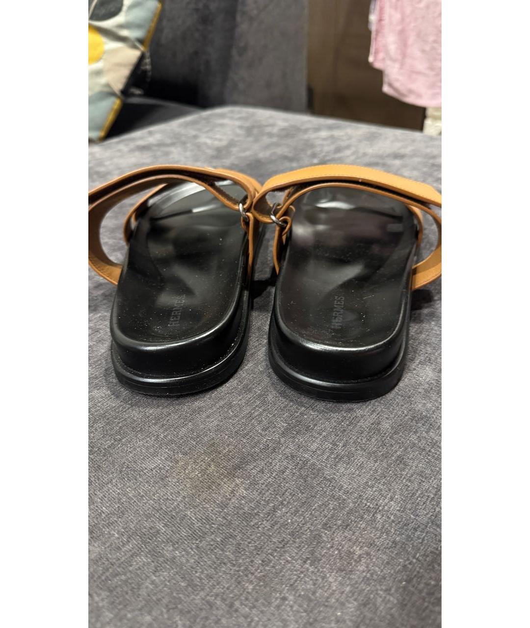 HERMES Коричневые кожаные шлепанцы, фото 4