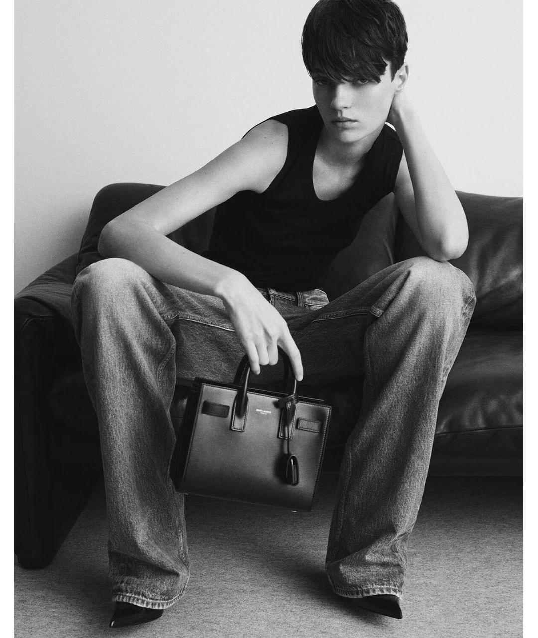 SAINT LAURENT Коричневая кожаная сумка с короткими ручками, фото 2