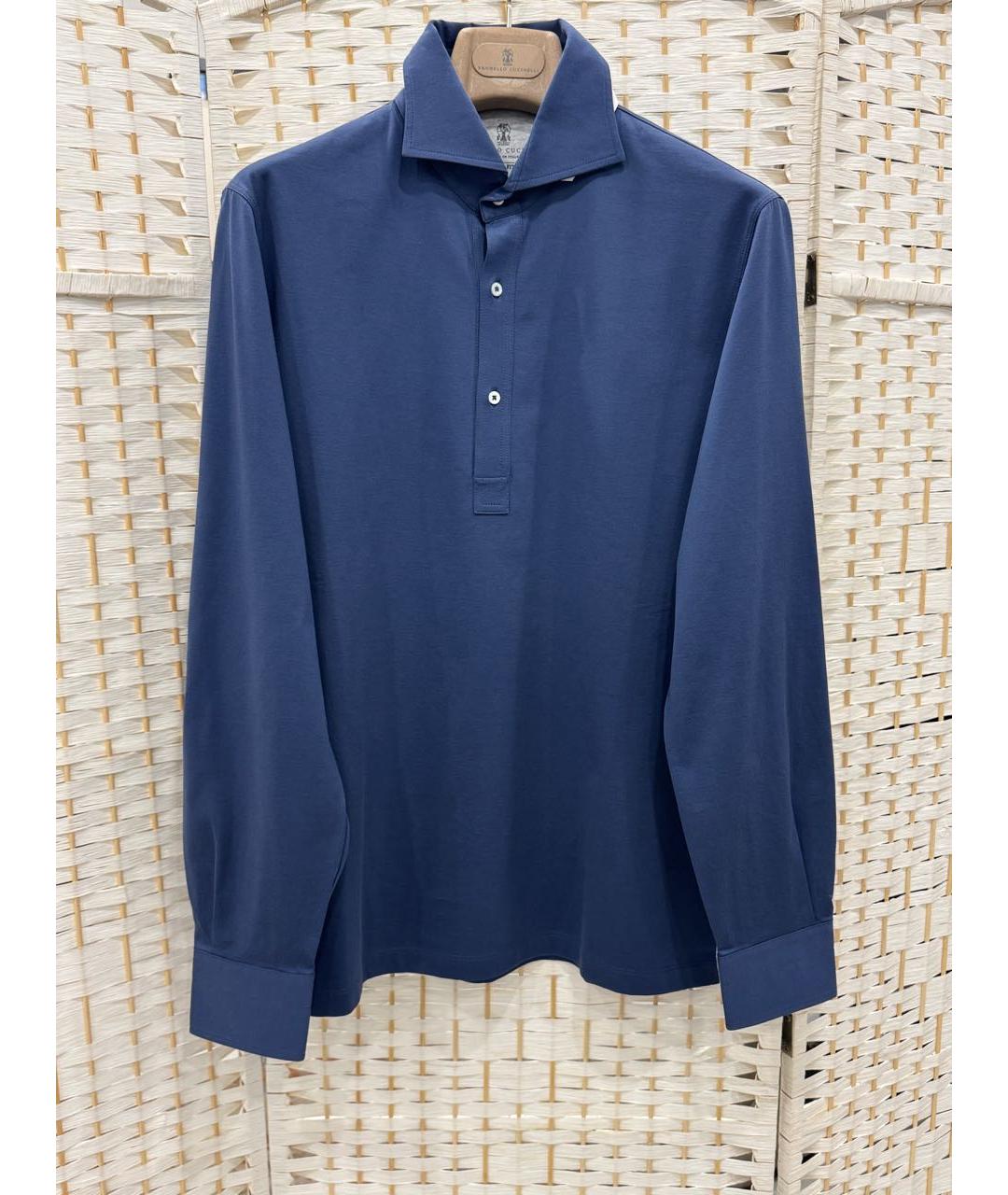 BRUNELLO CUCINELLI Синее хлопковое поло с длинным рукавом, фото 5