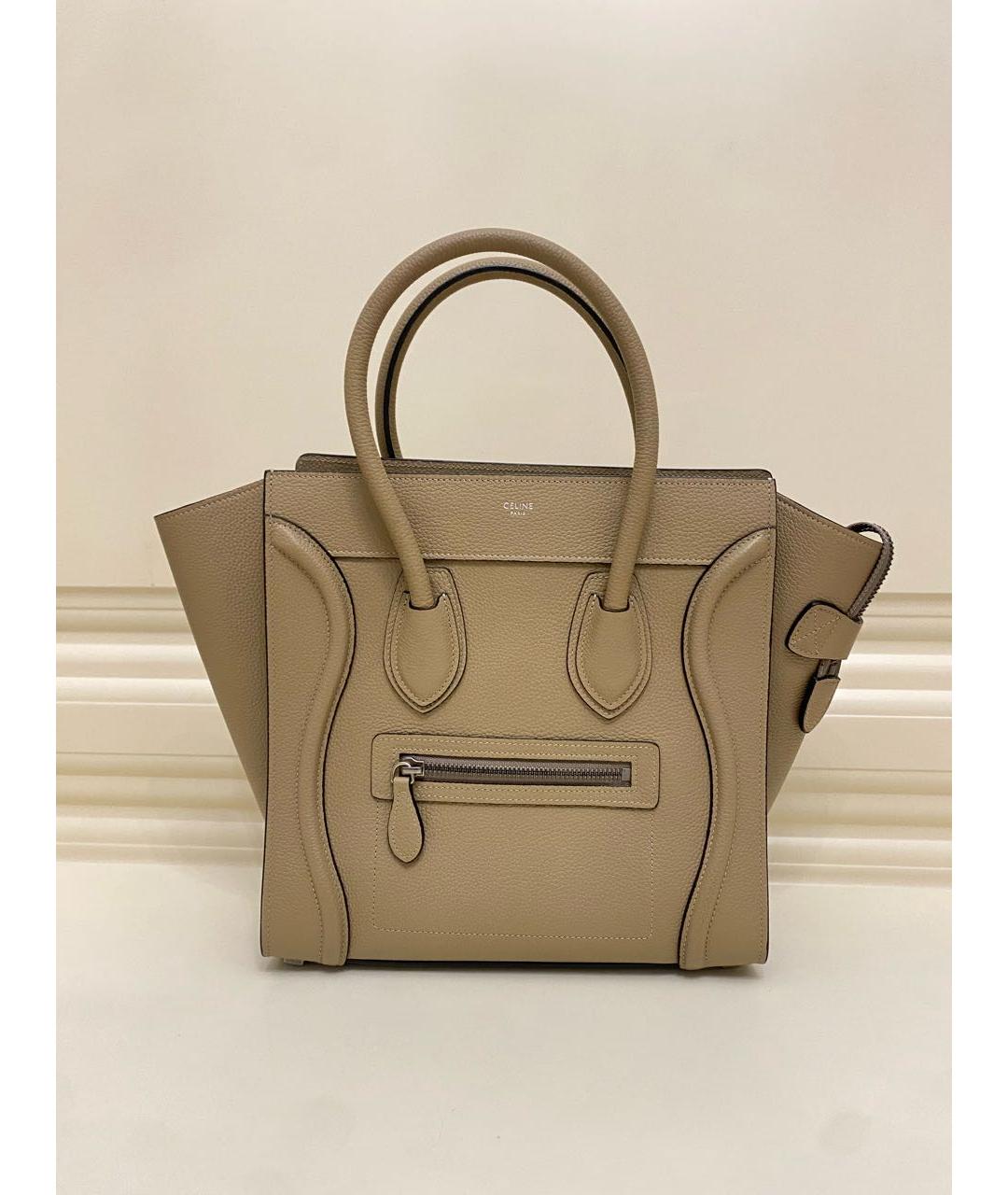 CELINE Бежевая кожаная сумка с короткими ручками, фото 9