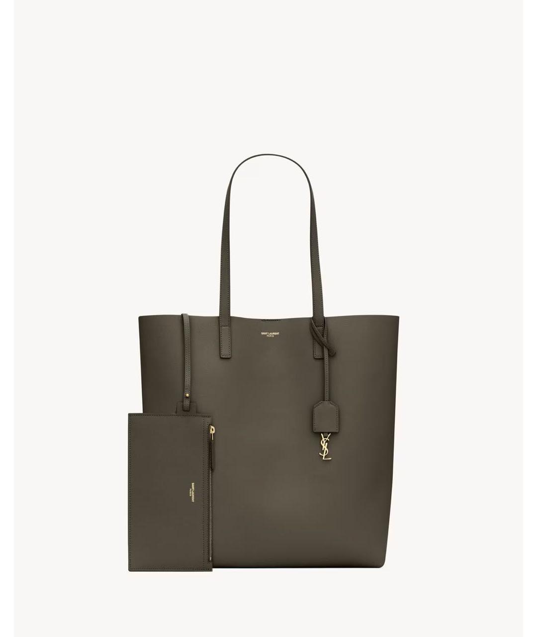 SAINT LAURENT Хаки кожаная сумка с короткими ручками, фото 2