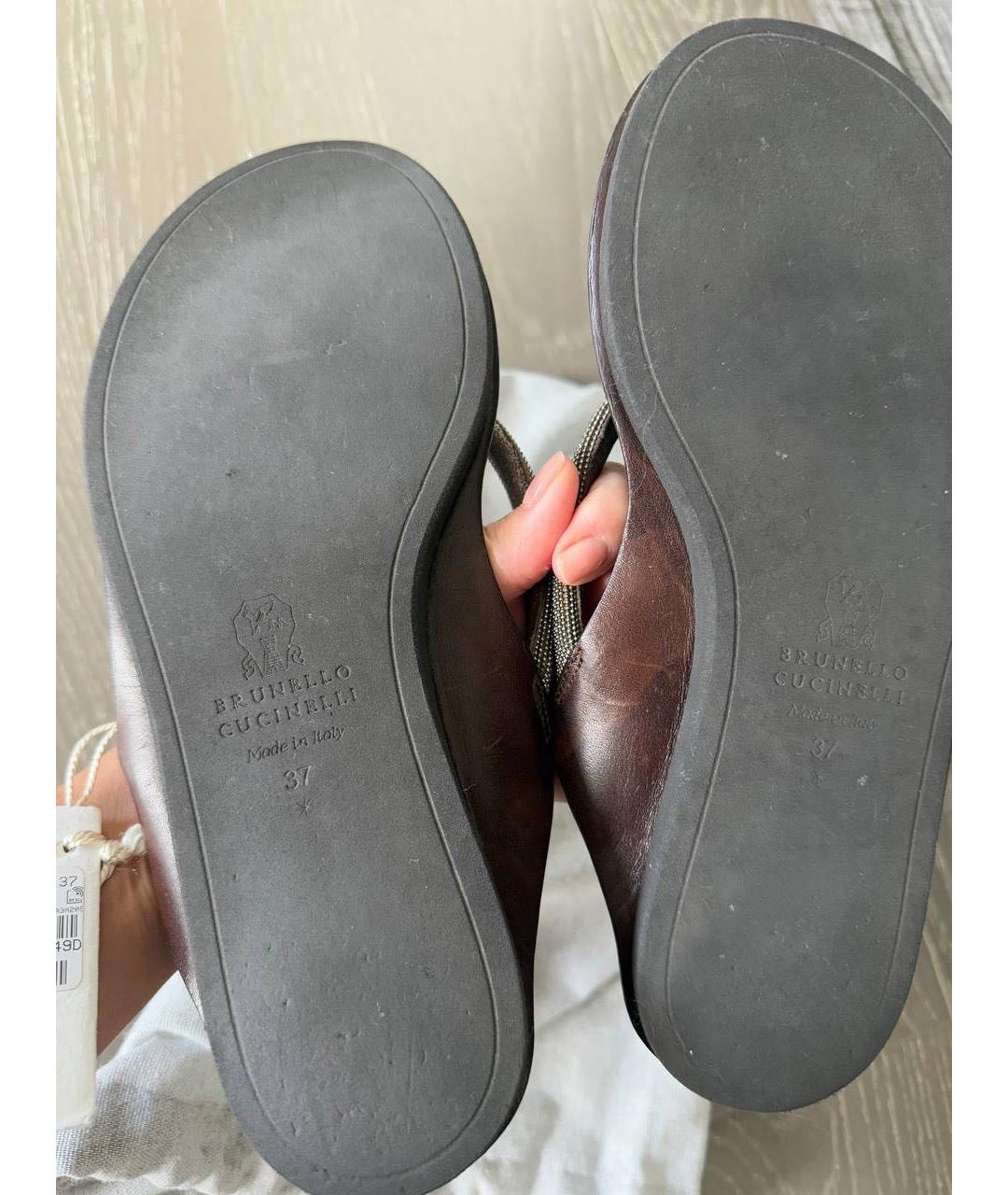 BRUNELLO CUCINELLI Коричневые кожаные шлепанцы, фото 6