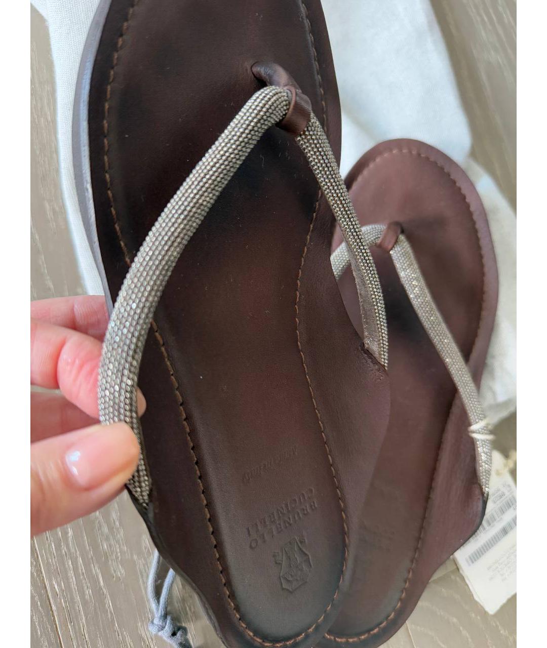 BRUNELLO CUCINELLI Коричневые кожаные шлепанцы, фото 7