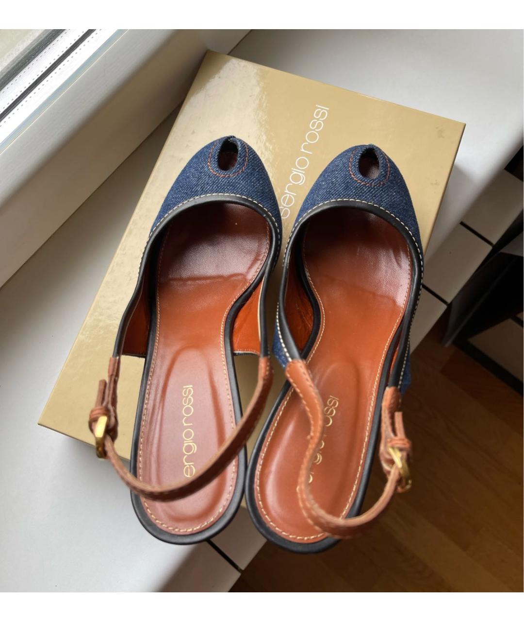 SERGIO ROSSI Темно-синие текстильные босоножки, фото 3