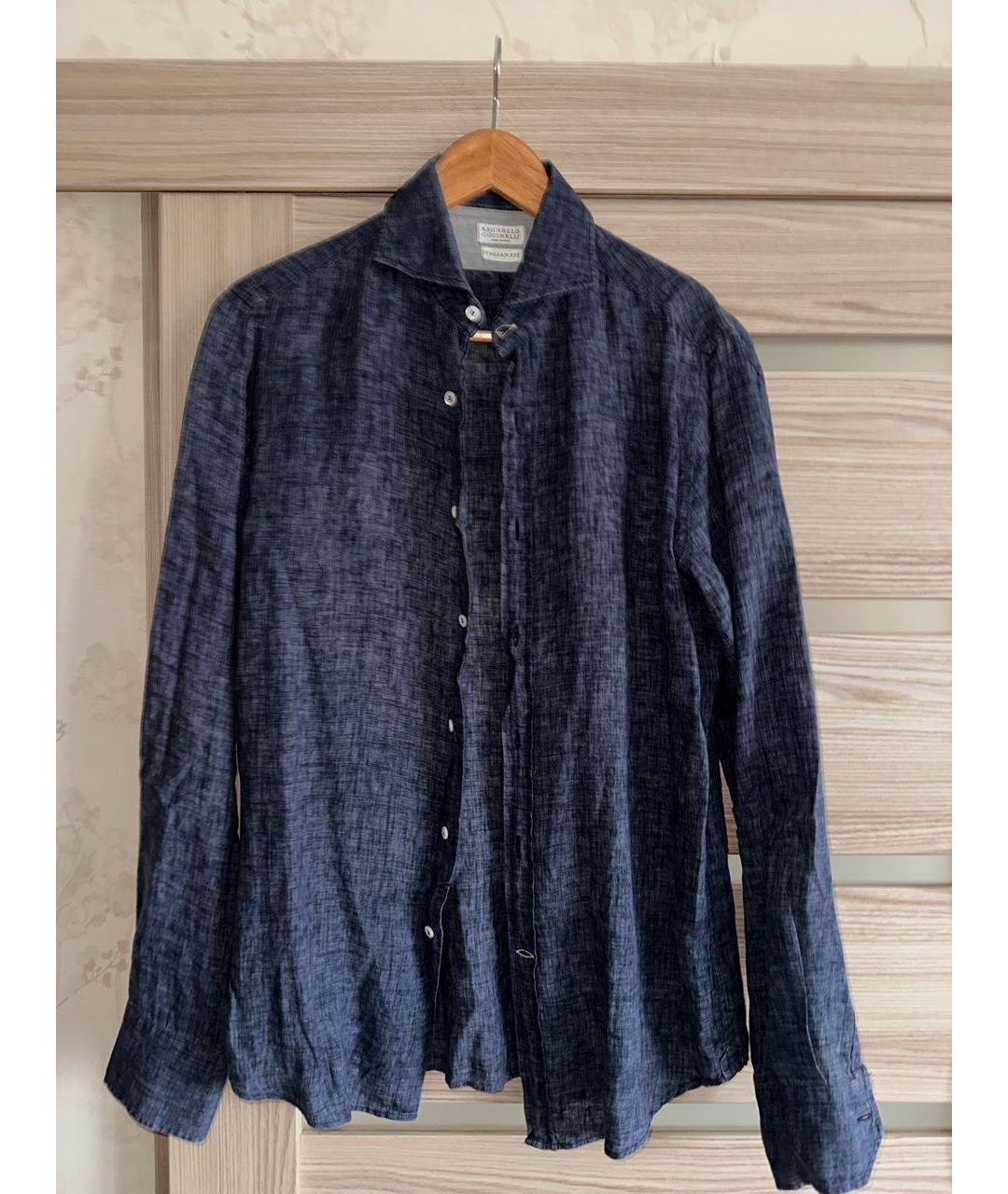 BRUNELLO CUCINELLI Темно-синяя льняная кэжуал рубашка, фото 4