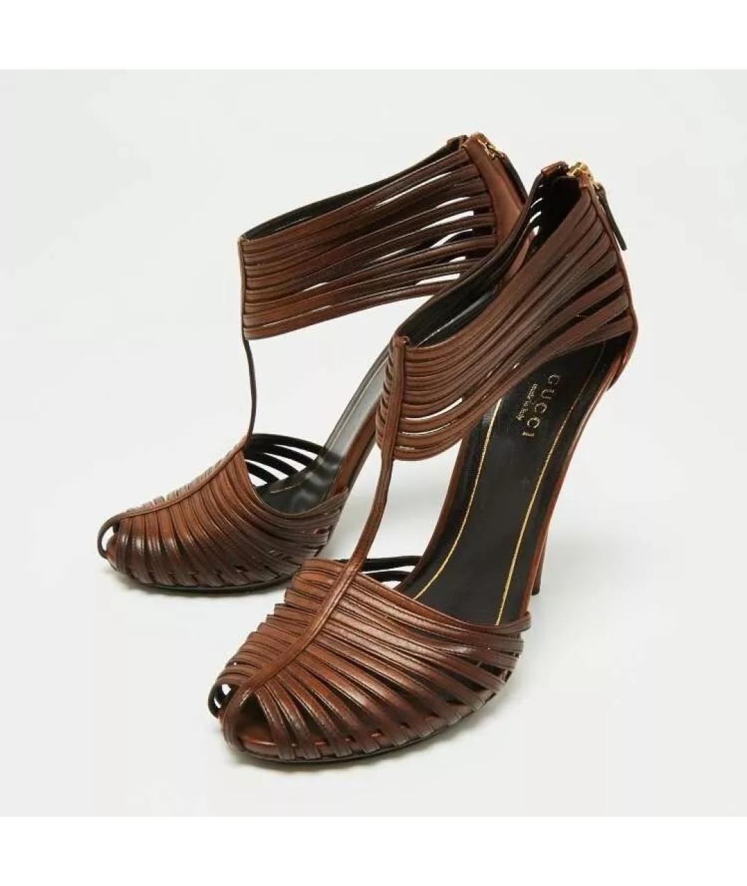 GUCCI Коричневые кожаные босоножки, фото 2