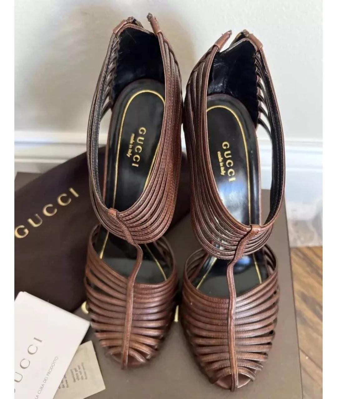 GUCCI Коричневые кожаные босоножки, фото 6