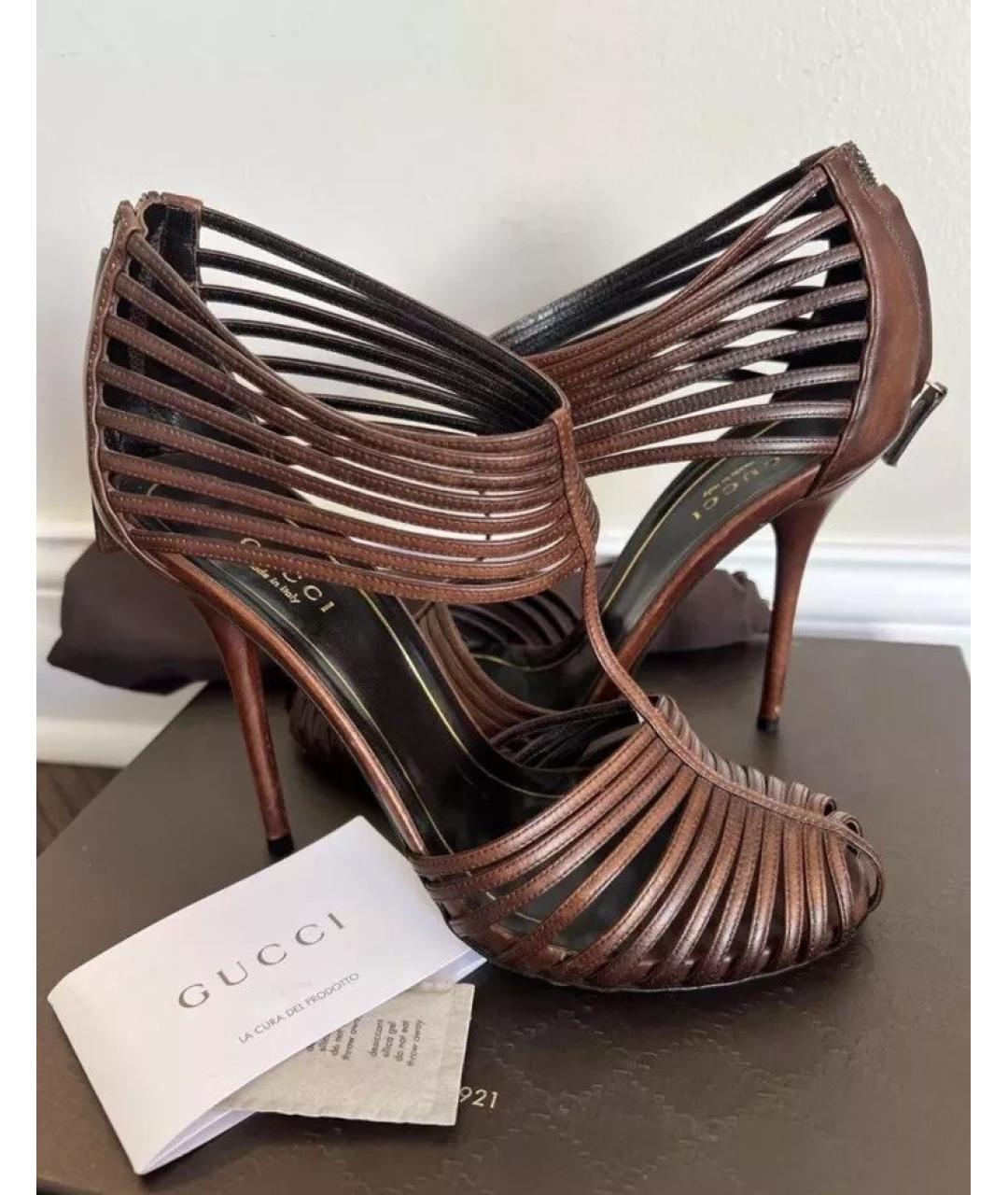 GUCCI Коричневые кожаные босоножки, фото 4