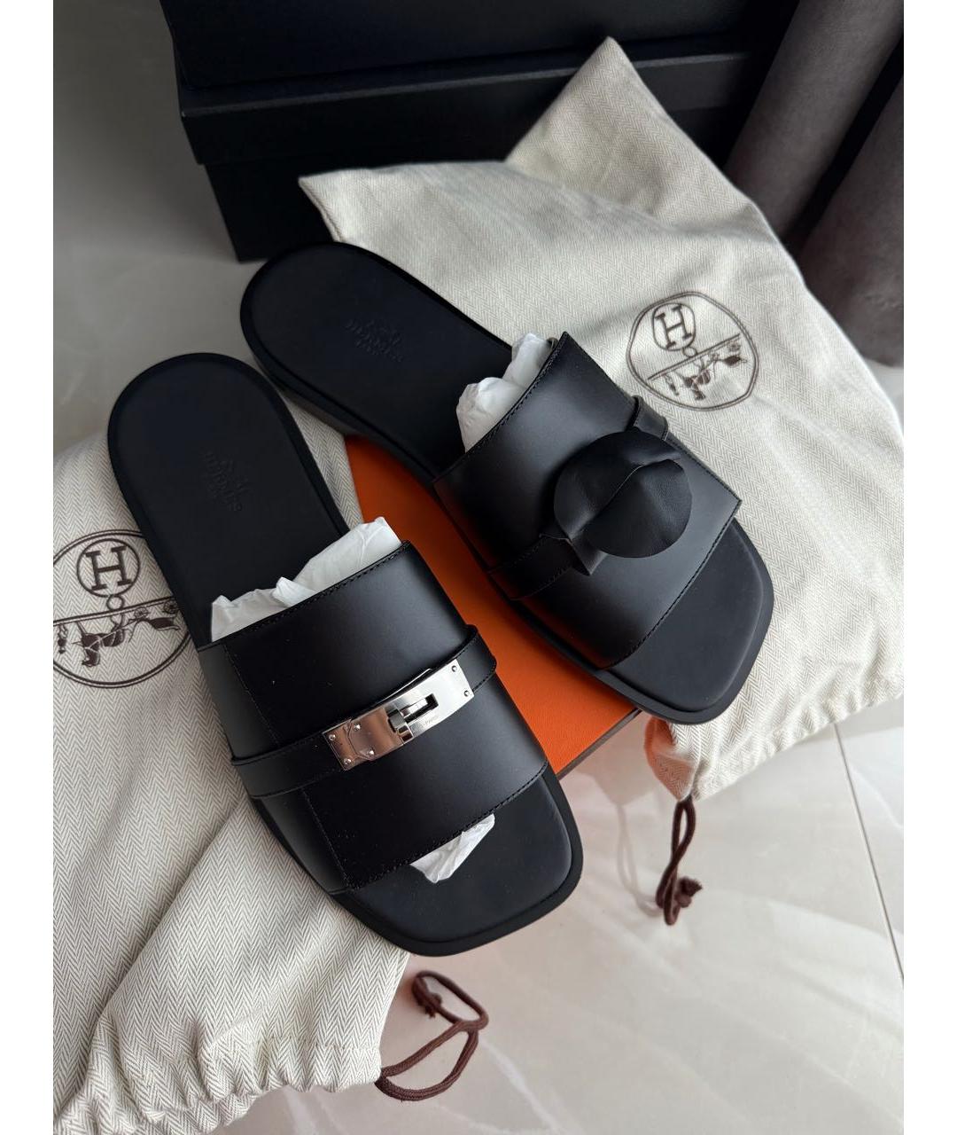 HERMES Черные кожаные шлепанцы, фото 3