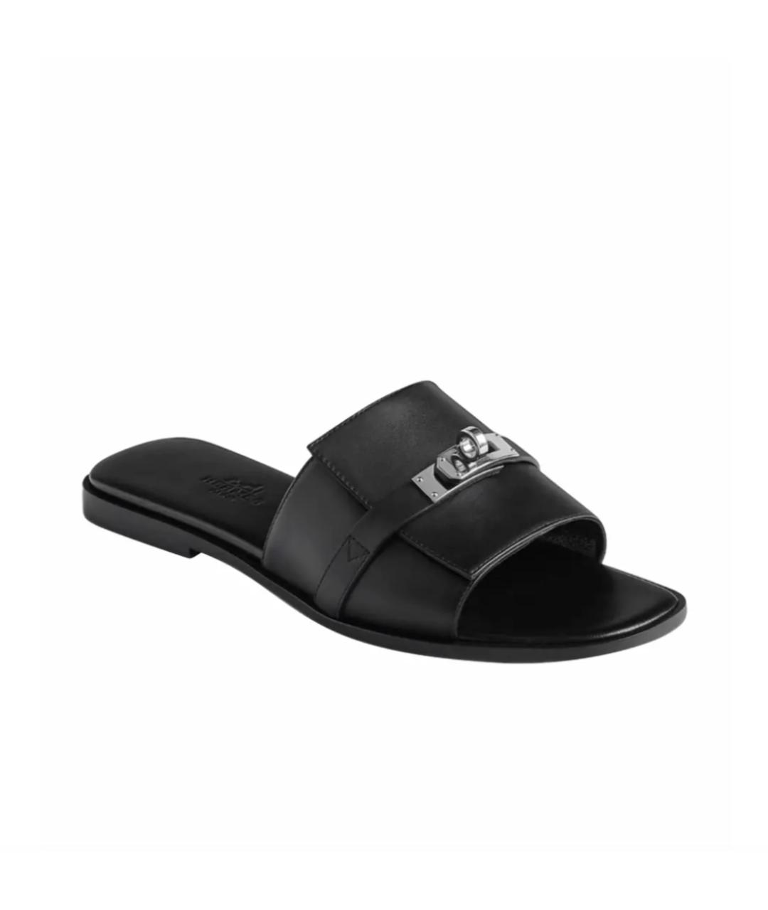 HERMES Черные кожаные шлепанцы, фото 1