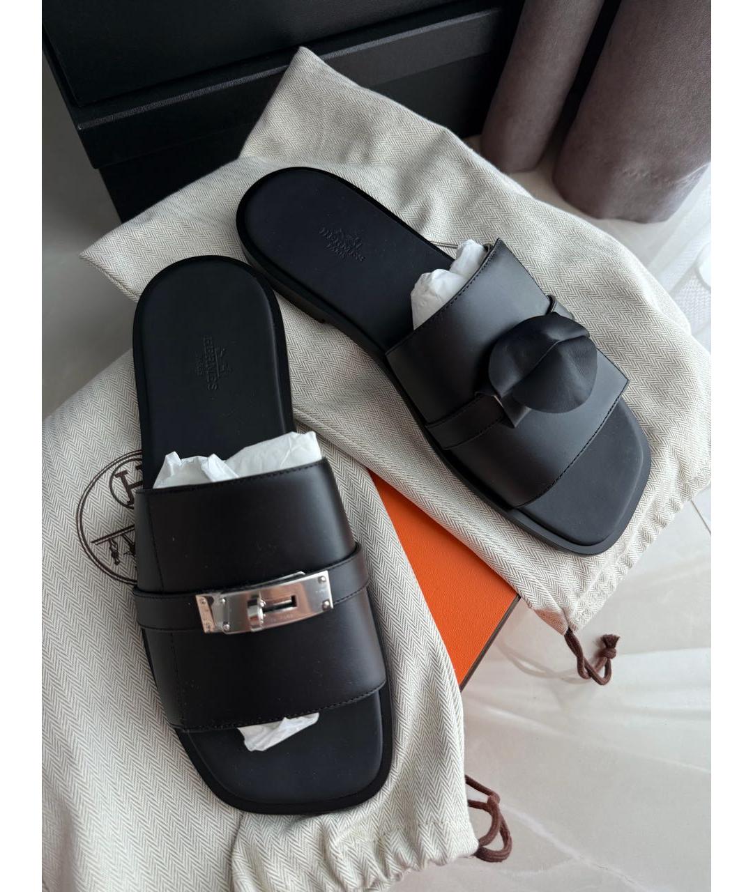 HERMES Черные кожаные шлепанцы, фото 2