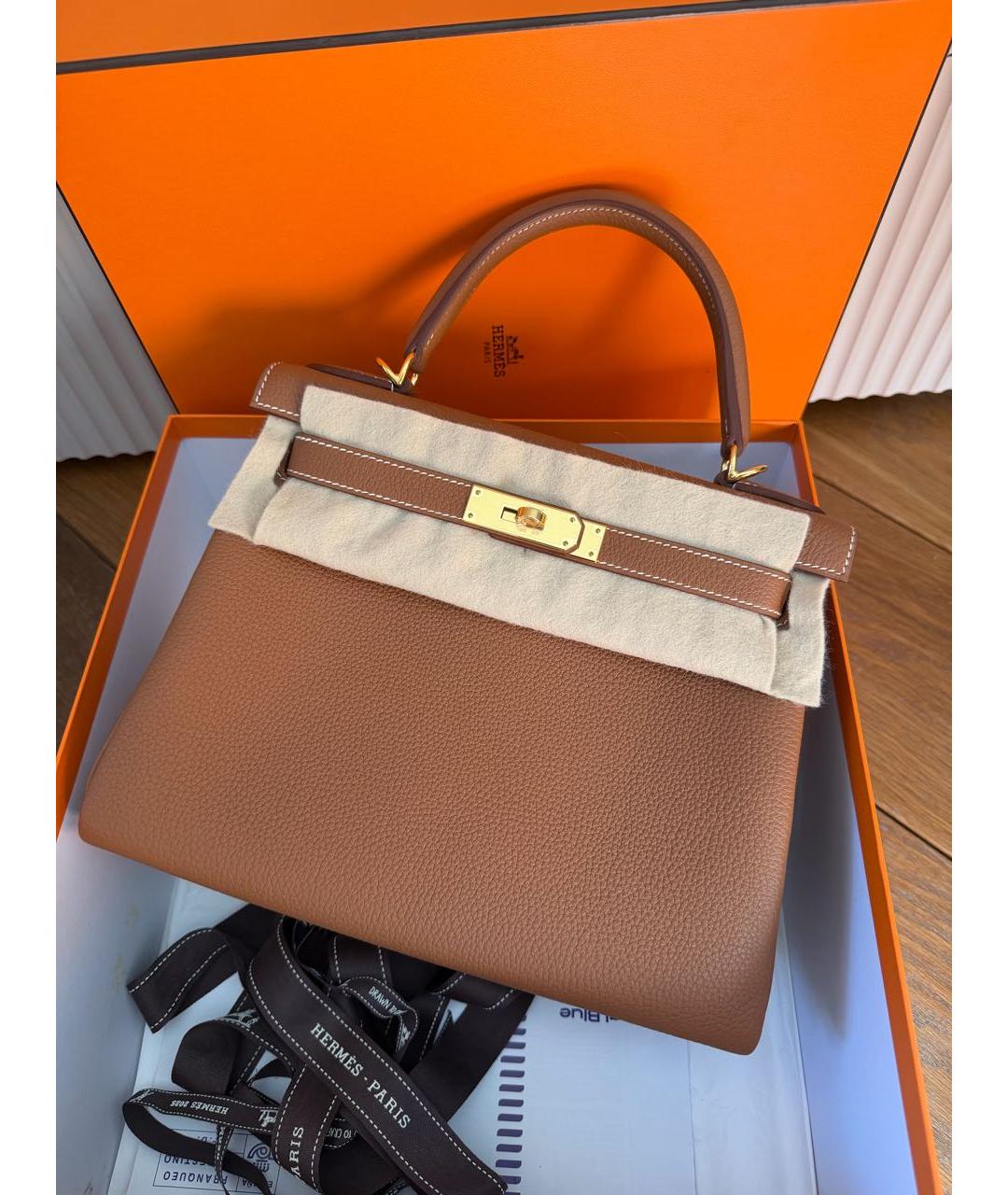 HERMES Коричневая кожаная сумка с короткими ручками, фото 5