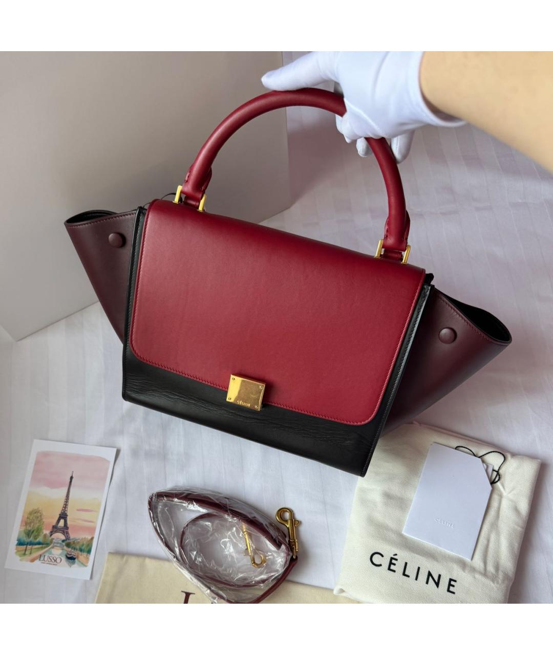 CELINE Бордовая кожаная сумка с короткими ручками, фото 9