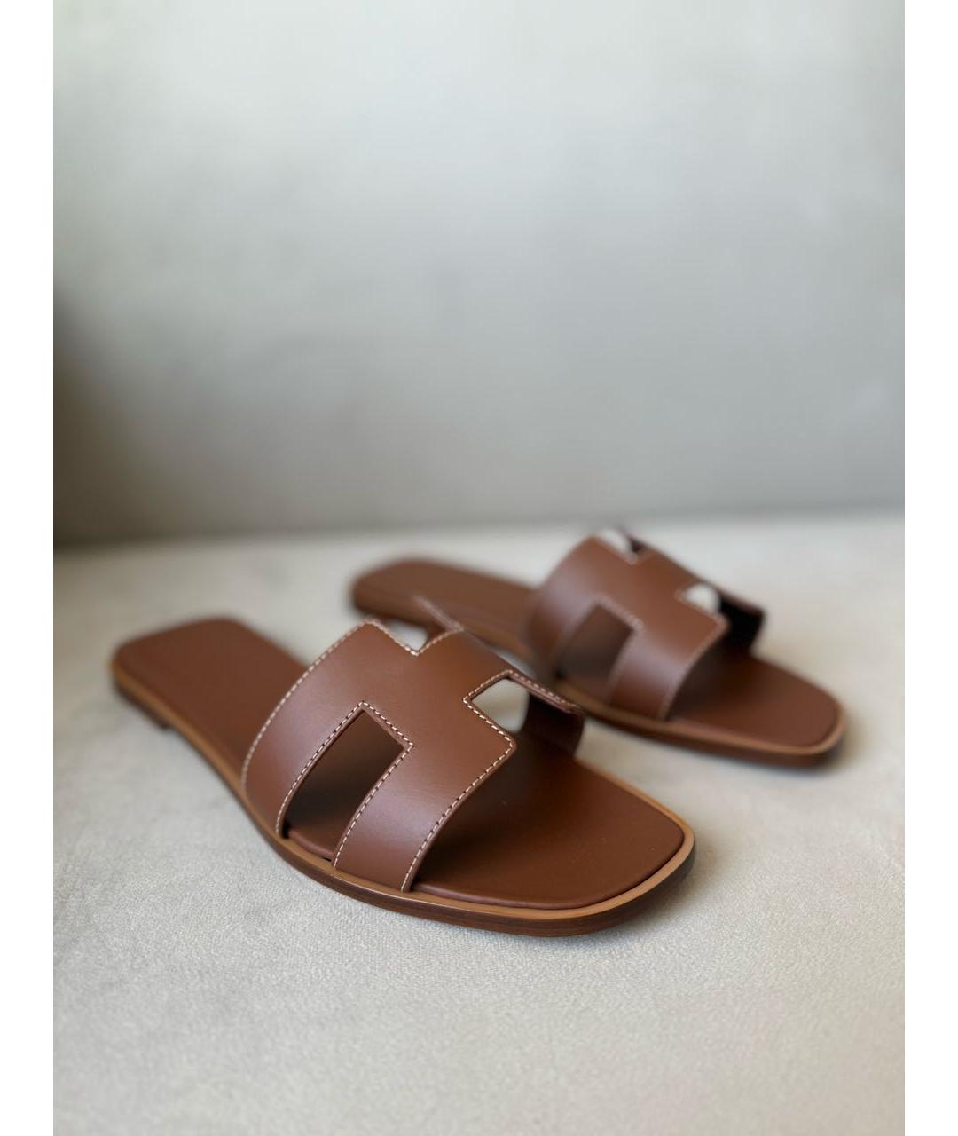 HERMES Коричневые кожаные шлепанцы, фото 5
