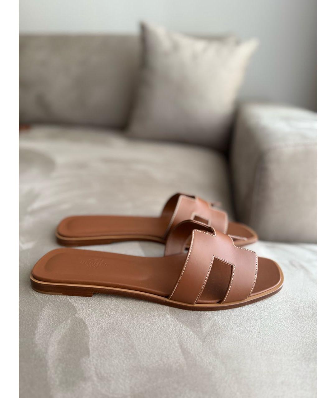 HERMES Коричневые кожаные шлепанцы, фото 6