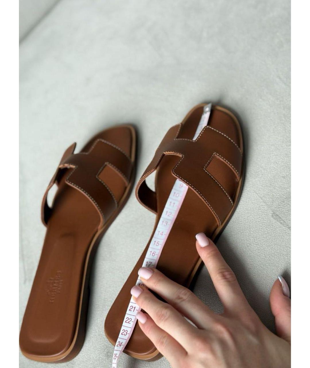 HERMES Коричневые кожаные шлепанцы, фото 2