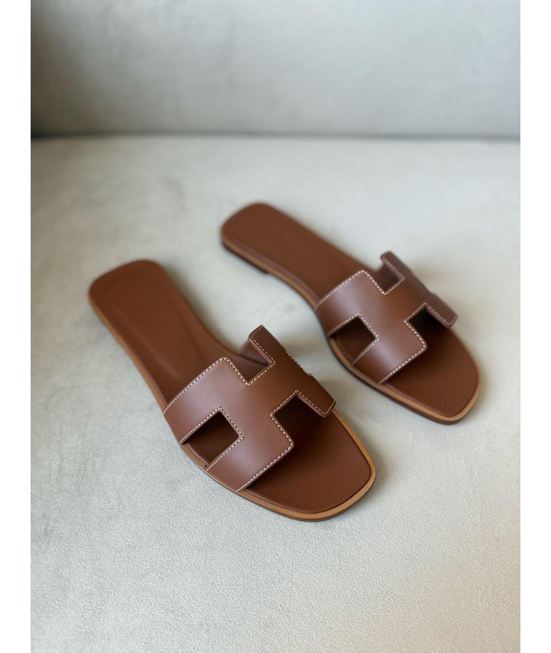 HERMES Коричневые кожаные шлепанцы, фото 4