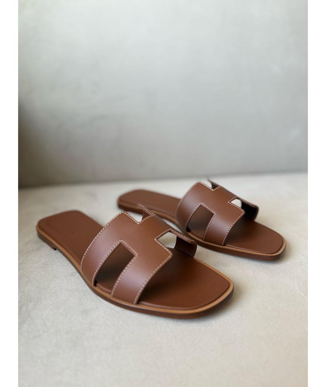 HERMES Коричневые кожаные шлепанцы, фото 7
