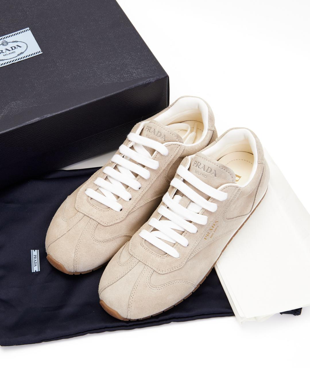 PRADA Бежевые замшевые кроссовки, фото 7