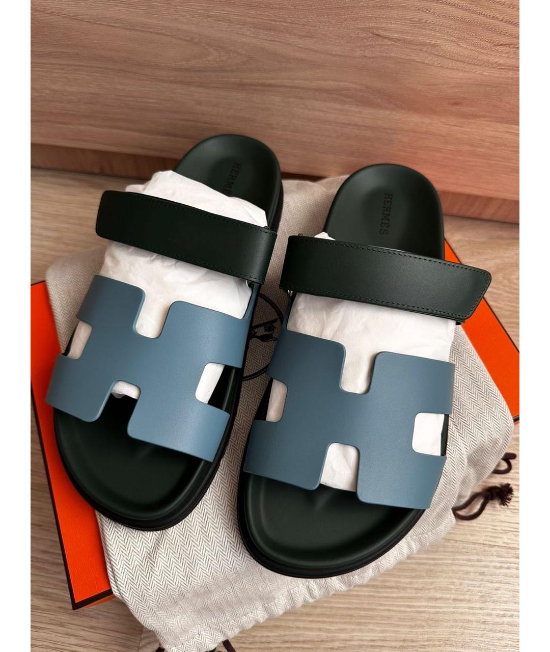 HERMES Голубые кожаные шлепанцы, фото 2