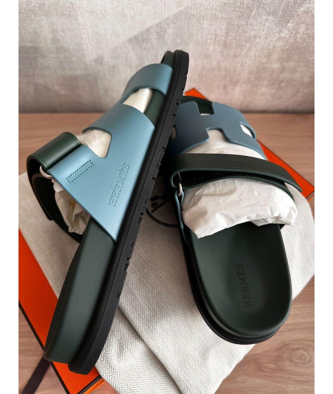 HERMES Голубые кожаные шлепанцы, фото 3