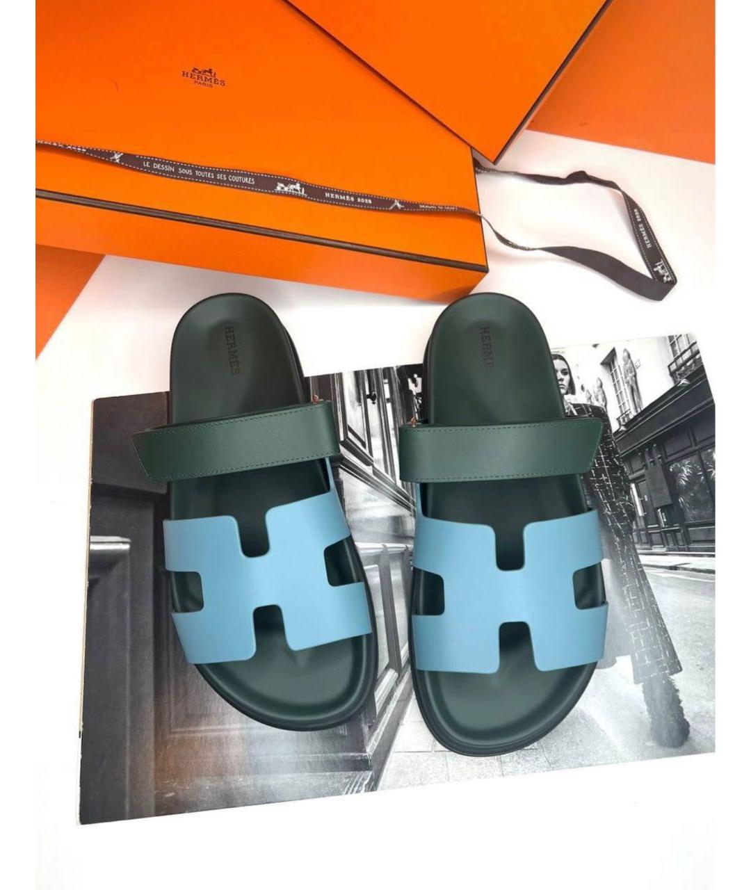 HERMES Голубые кожаные шлепанцы, фото 6