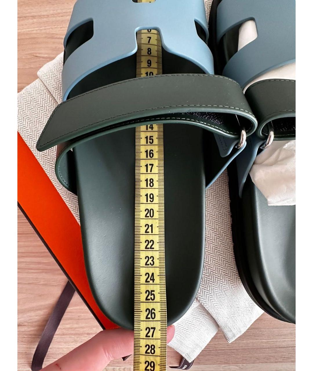 HERMES Голубые кожаные шлепанцы, фото 5