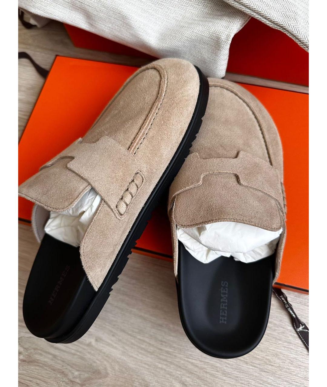 HERMES Бежевые замшевые мюли, фото 8