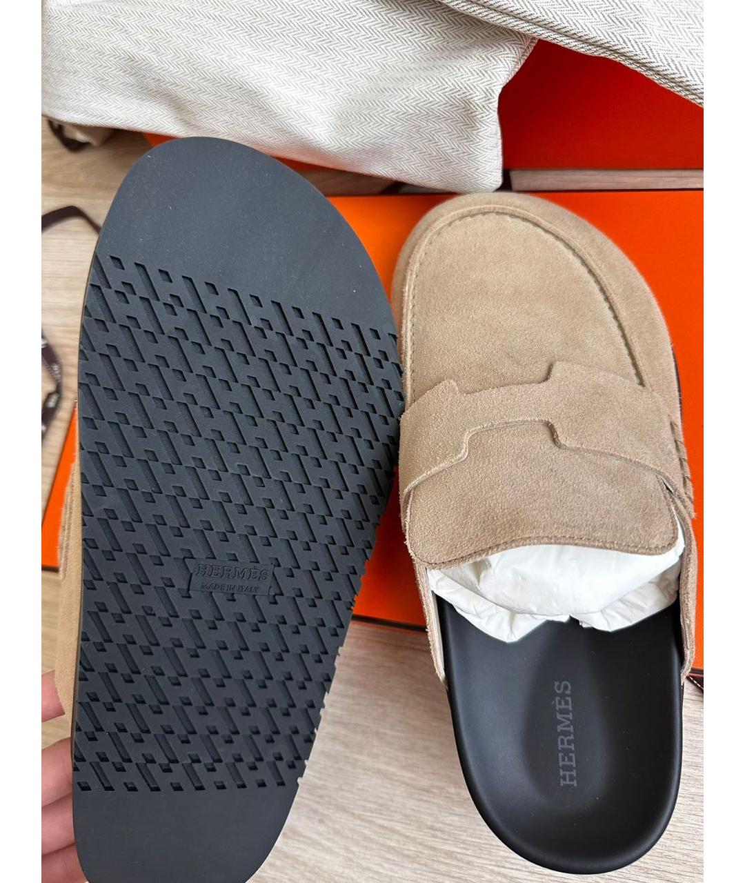HERMES Бежевые замшевые мюли, фото 5