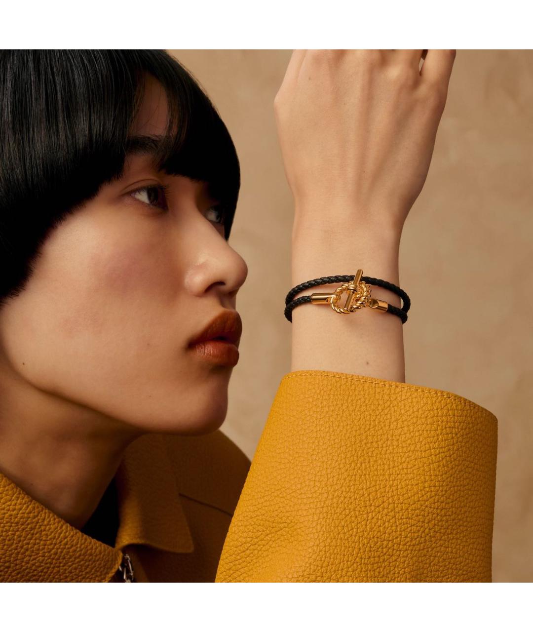 HERMES Черный кожаный браслет, фото 5
