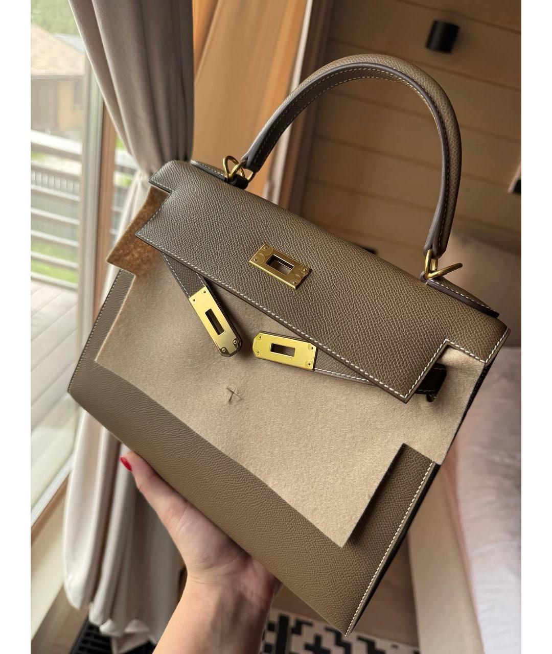 HERMES Бежевая кожаная сумка с короткими ручками, фото 2