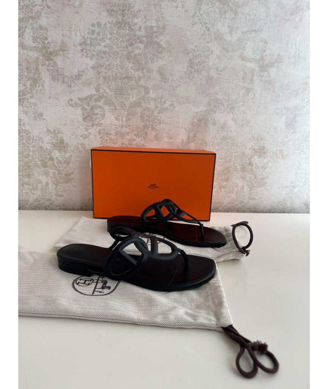 HERMES Черные кожаные сандалии, фото 3