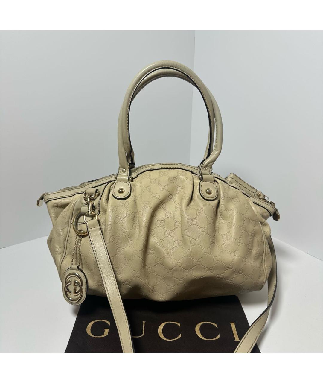 GUCCI Бежевая кожаная сумка с короткими ручками, фото 6