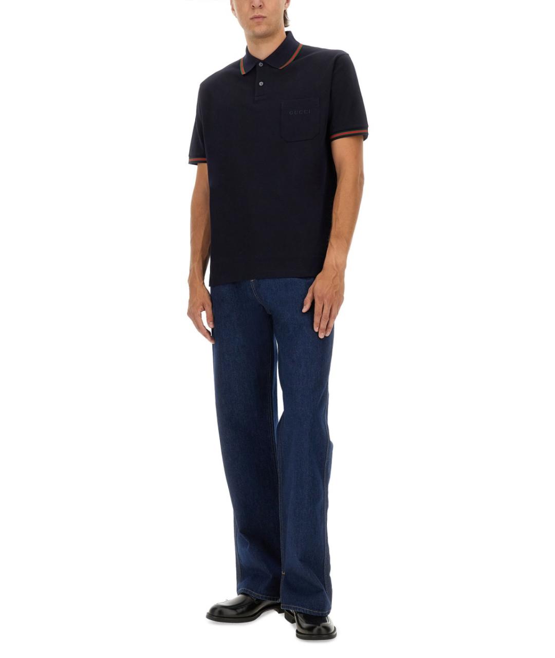 GUCCI Темно-синее хлопковое поло с коротким рукавом, фото 3