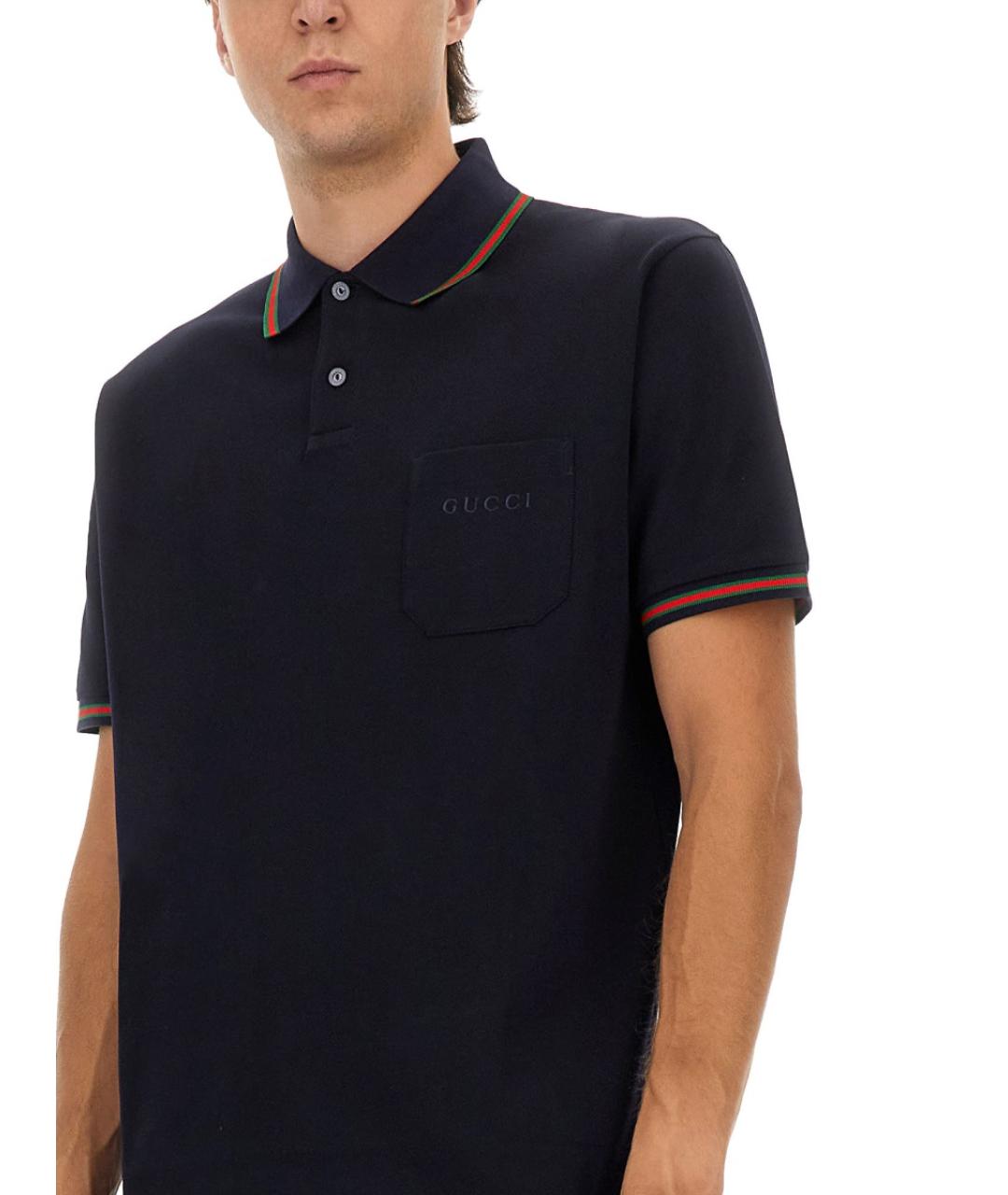 GUCCI Темно-синее хлопковое поло с коротким рукавом, фото 5
