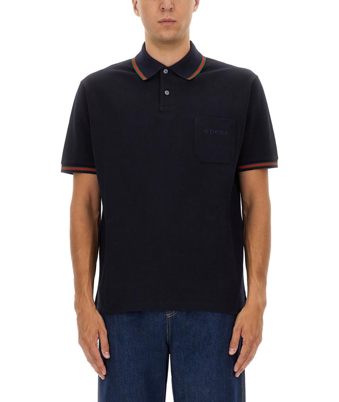 GUCCI Темно-синее хлопковое поло с коротким рукавом, фото 2