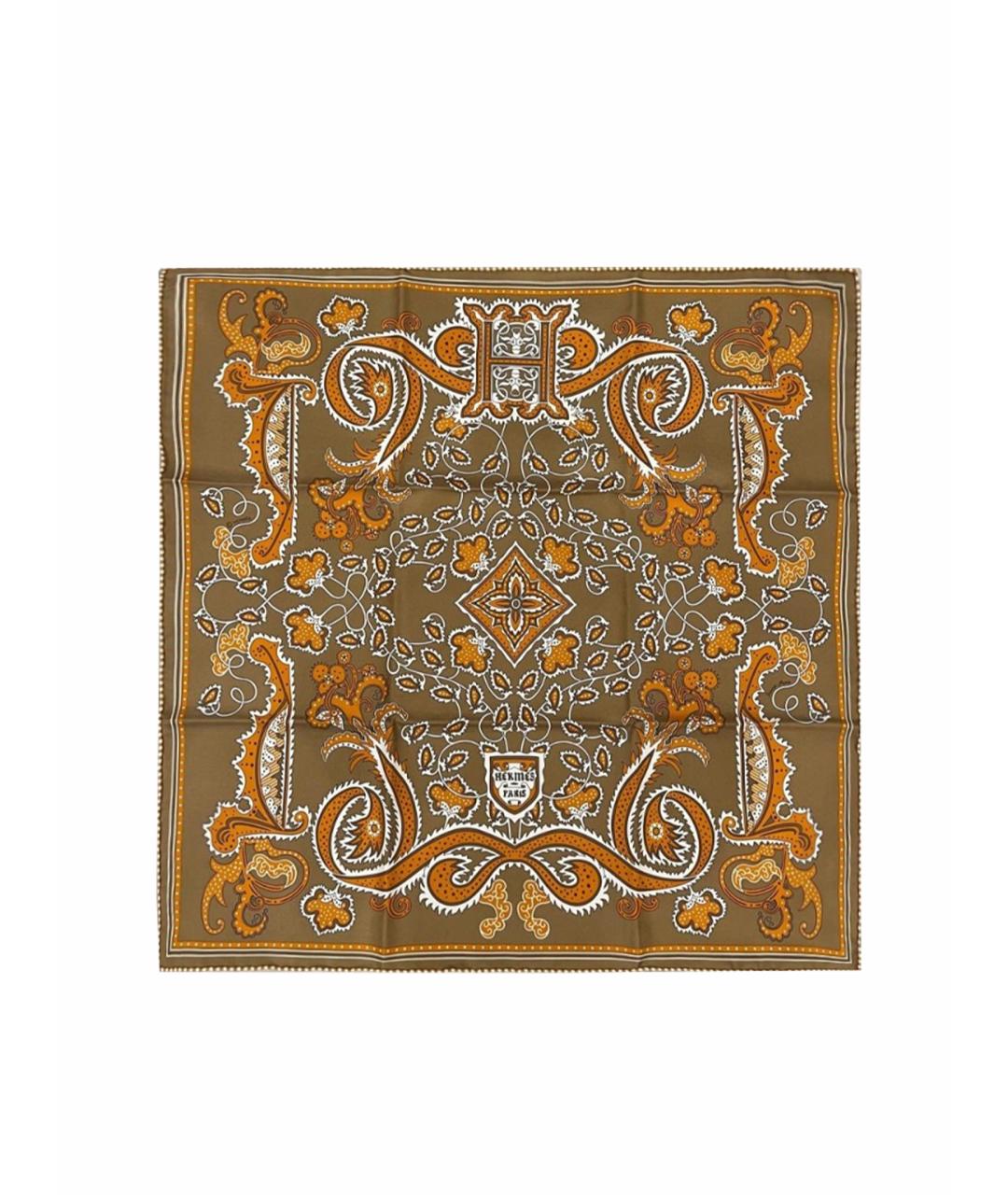 HERMES Горчичный шелковый платок, фото 1