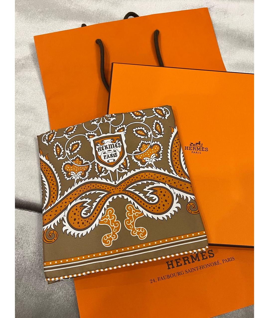 HERMES Горчичный шелковый платок, фото 2