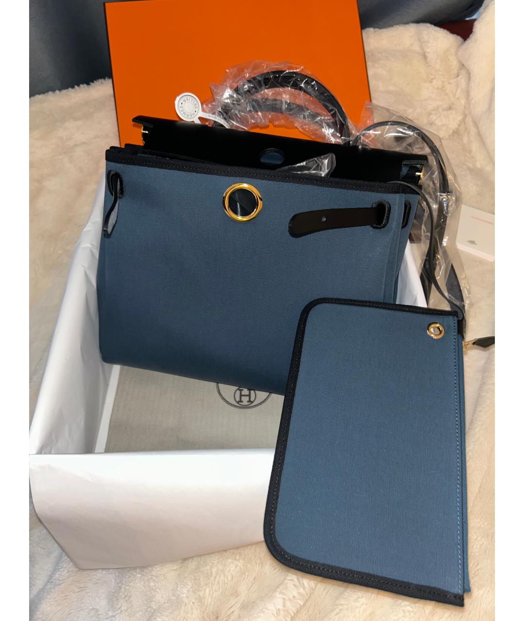 HERMES Синяя хлопковая сумка с короткими ручками, фото 2