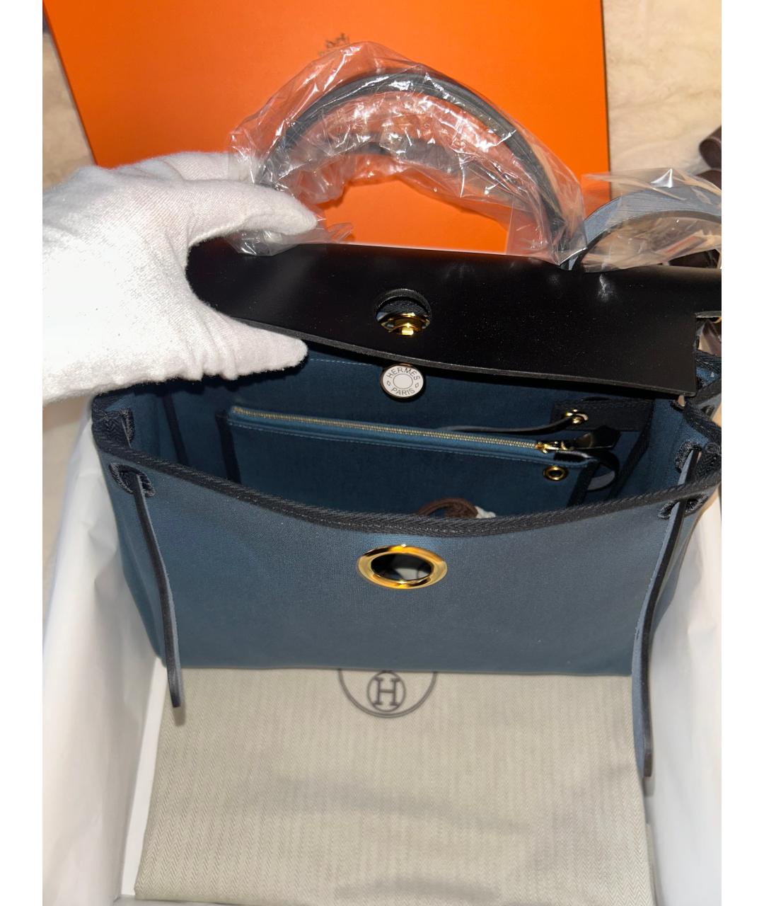 HERMES Синяя хлопковая сумка с короткими ручками, фото 3