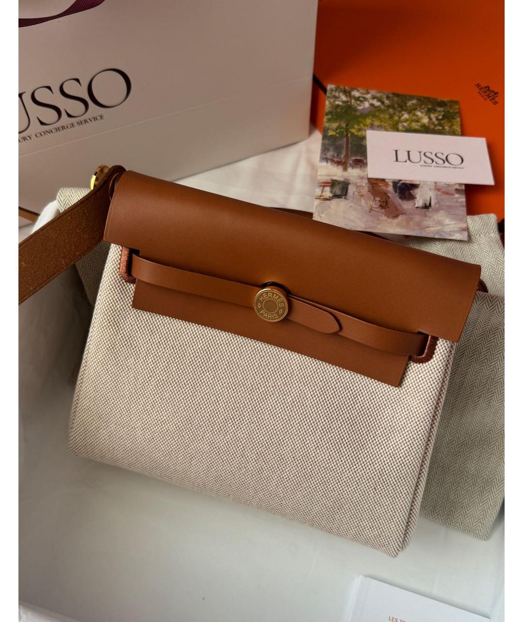 HERMES Бежевая тканевая сумка через плечо, фото 4