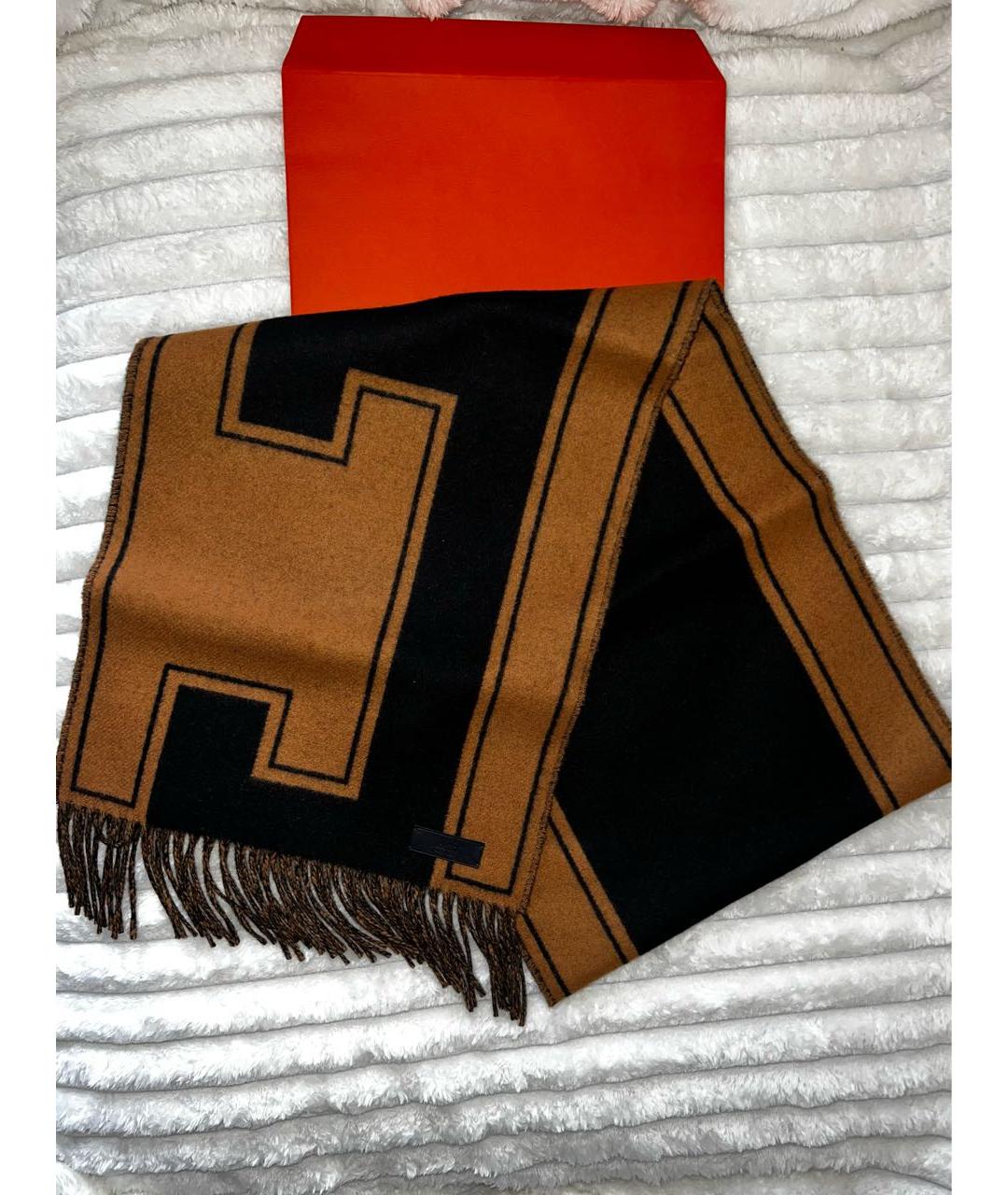 HERMES Коричневый кашемировый шарф, фото 3