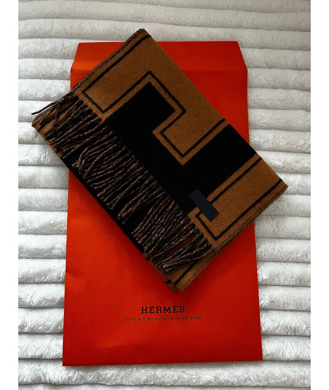 HERMES Коричневый кашемировый шарф, фото 4