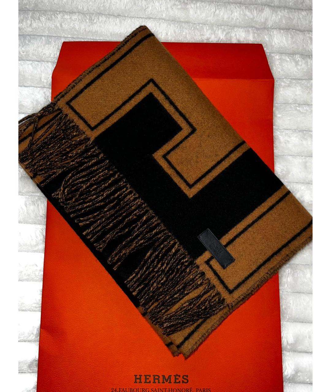 HERMES Коричневый кашемировый шарф, фото 7