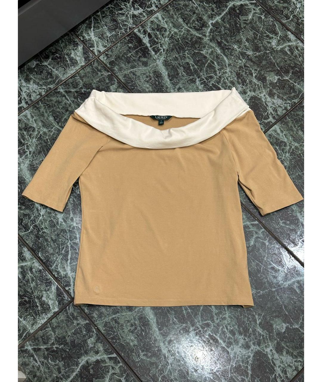 RALPH LAUREN Бежевая хлопко-эластановая футболка, фото 7
