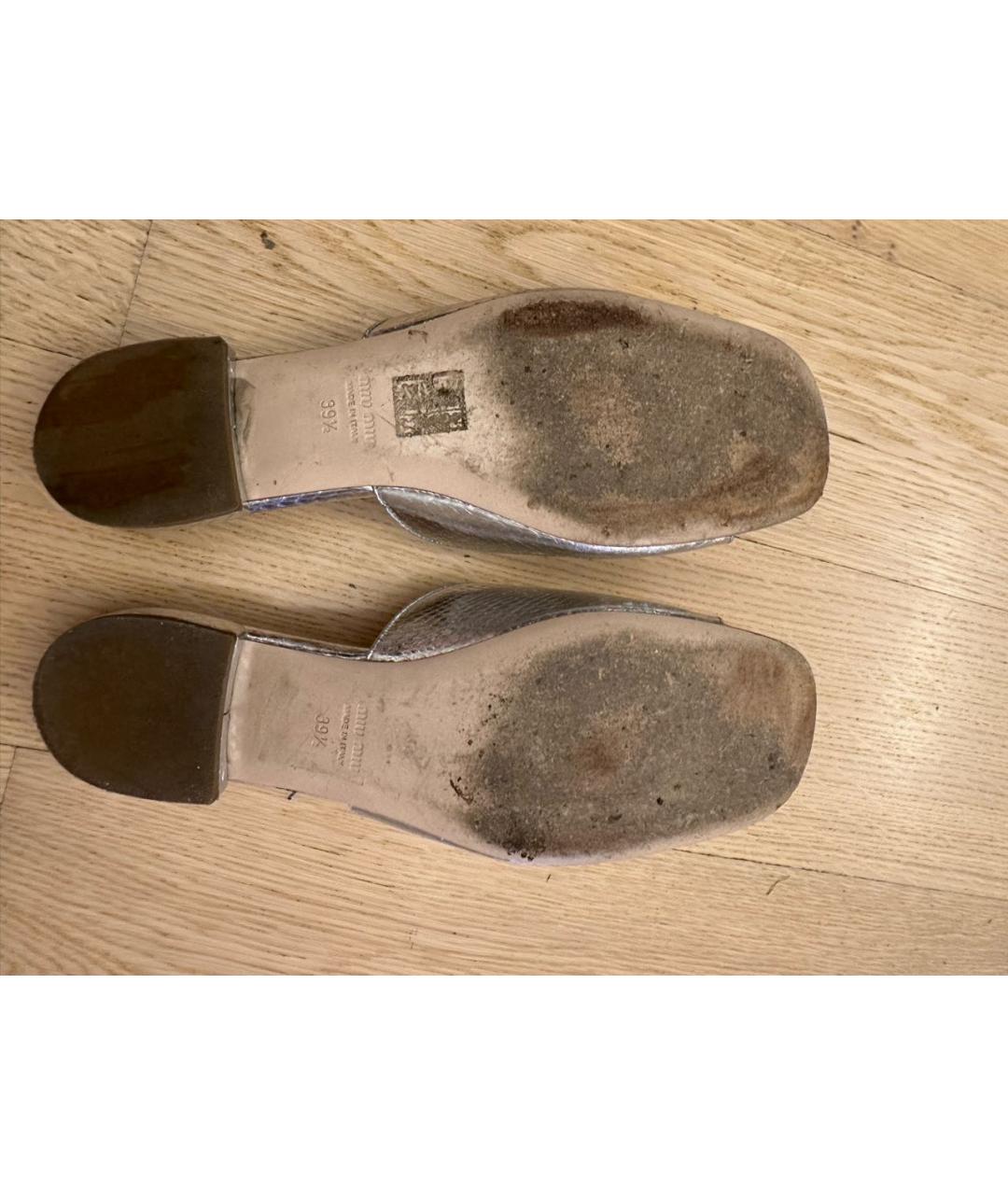 MIU MIU Серебряные кожаные шлепанцы, фото 4