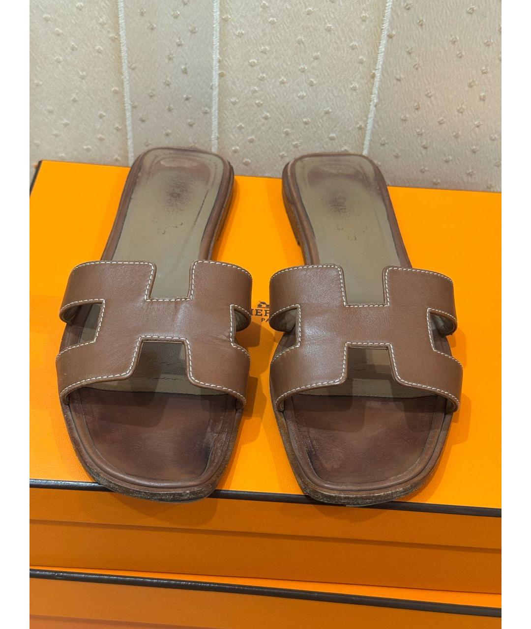 HERMES Коричневые кожаные шлепанцы, фото 4