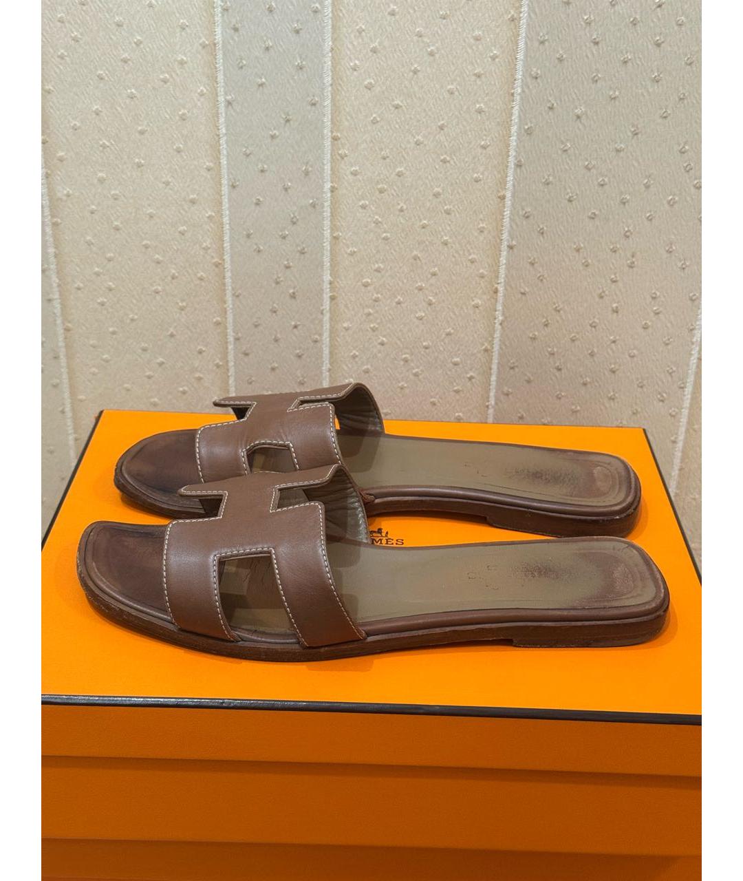 HERMES Коричневые кожаные шлепанцы, фото 6