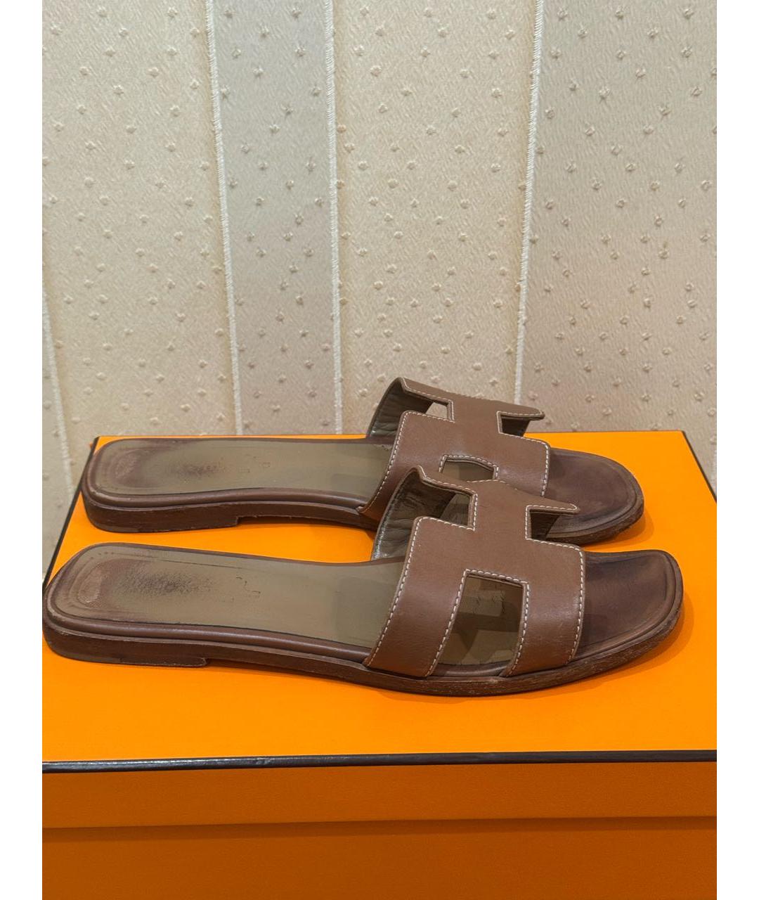 HERMES Коричневые кожаные шлепанцы, фото 2
