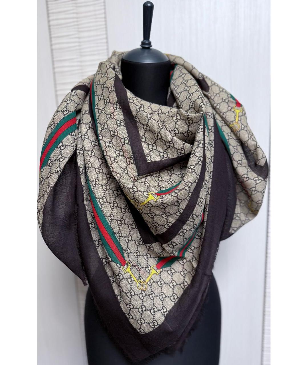 GUCCI Коричневый шерстяной платок, фото 9